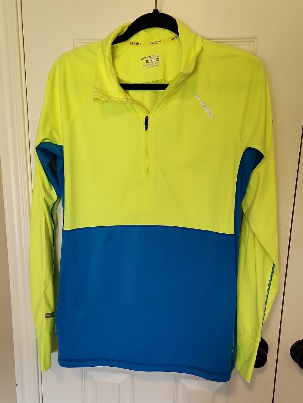 Brooks Neon Yellow and Blue Colorblock Half-Zip Performance Pullover